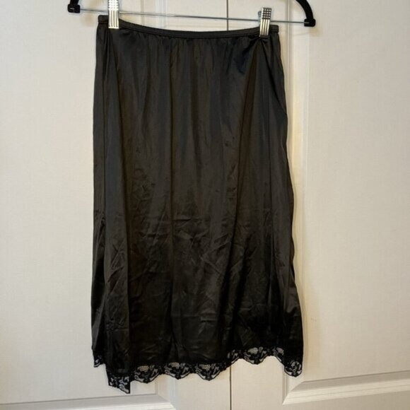 Vintage Hanna Skirt Slip Womens S Black Lace Trim High Slit Goth Lingerie - Picture 3 of 8